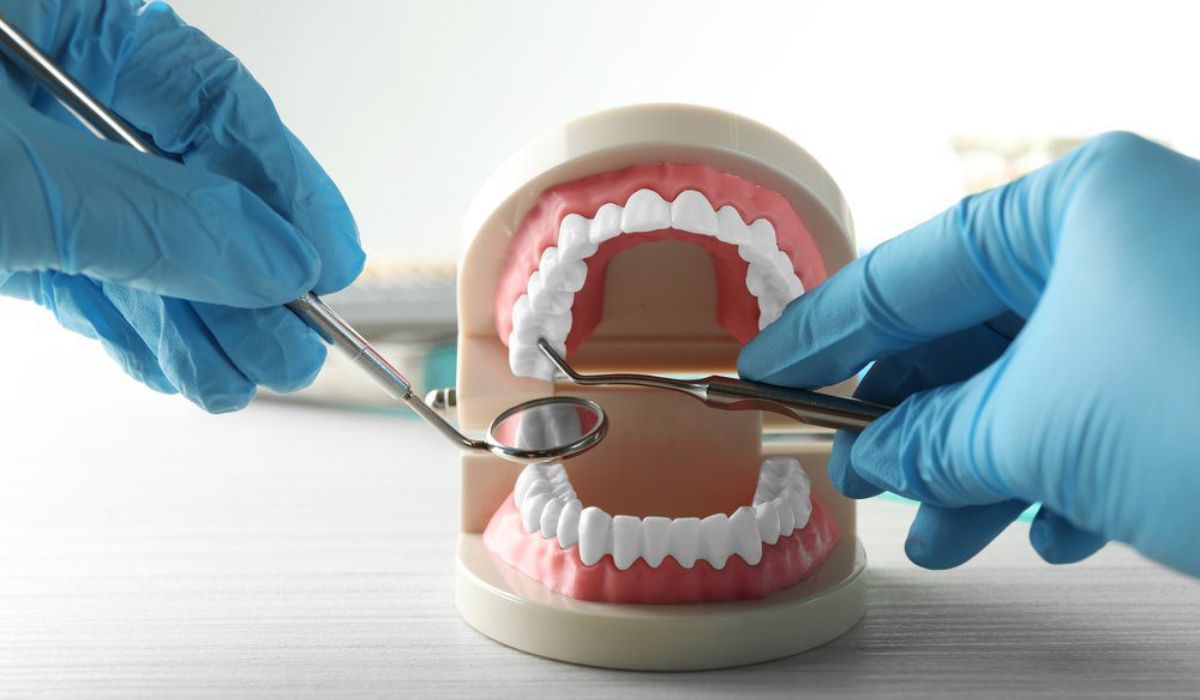 dentist using a dental mirror and dental explorer