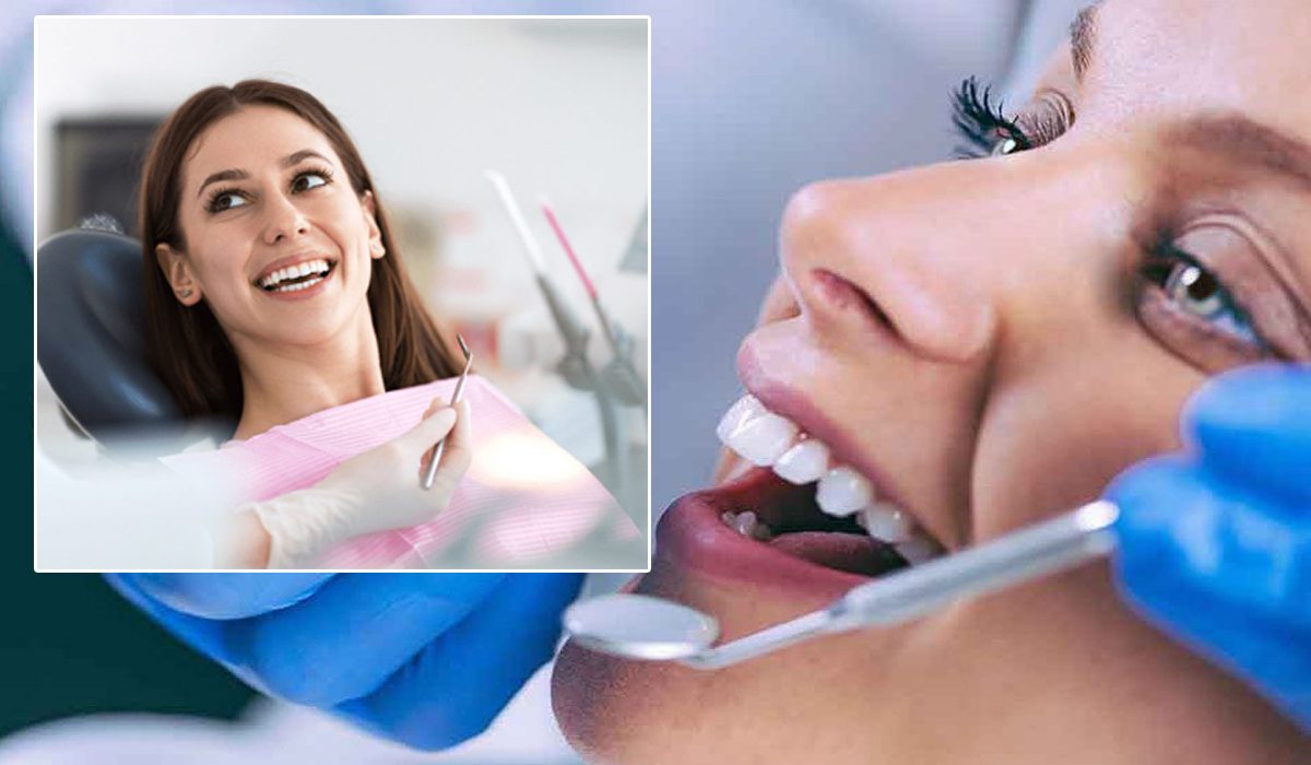 a dentist checking the woman's mouth with the use of a concave mirror