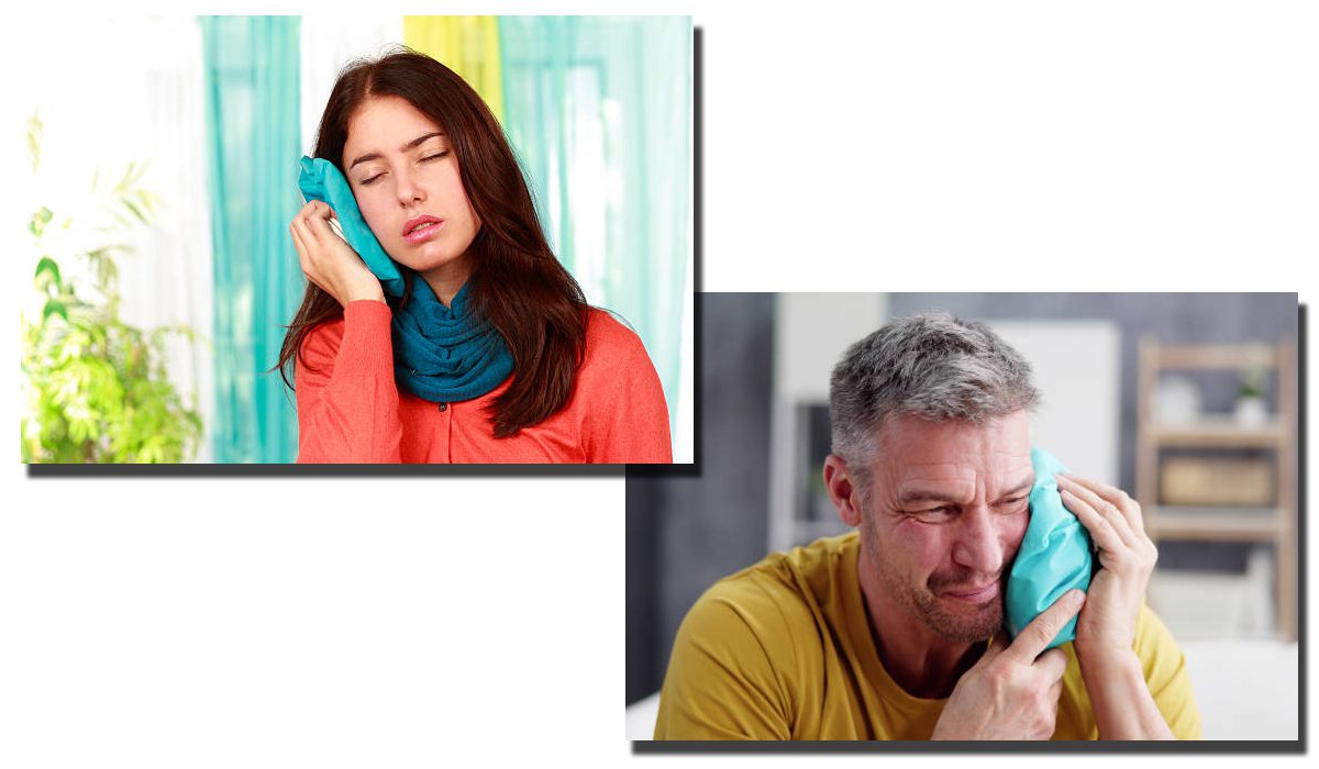 An elderly man and a young woman applying cold compress to their toothache.