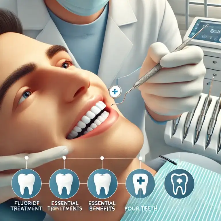 Dentist applying fluoride treatment to a patient's teeth in a modern dental clinic.