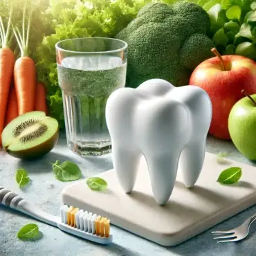 A vibrant plate of healthy foods including leafy greens, avocados, and tomatoes next to a smiling woman, symbolizing the impact of diet on oral health and promoting healthy teeth.