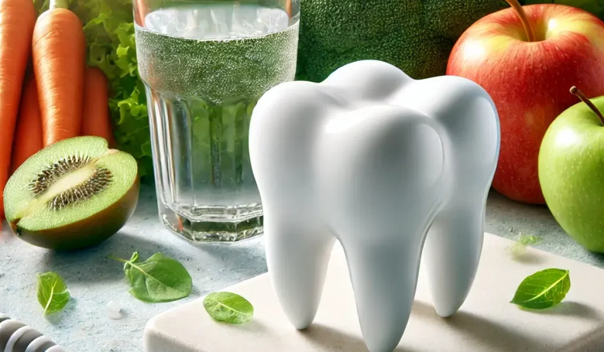 A vibrant plate of healthy foods including leafy greens, avocados, and tomatoes next to a smiling woman, symbolizing the impact of diet on oral health and promoting healthy teeth.